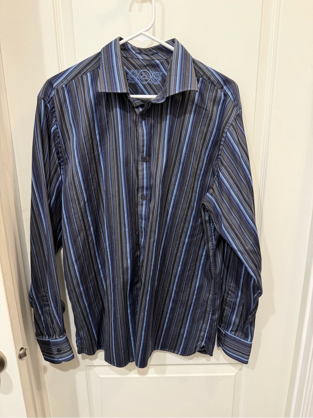 Ted Baker London Men’s Blue Gray Stripe 100% Cotton Button Down Dress Shirt
